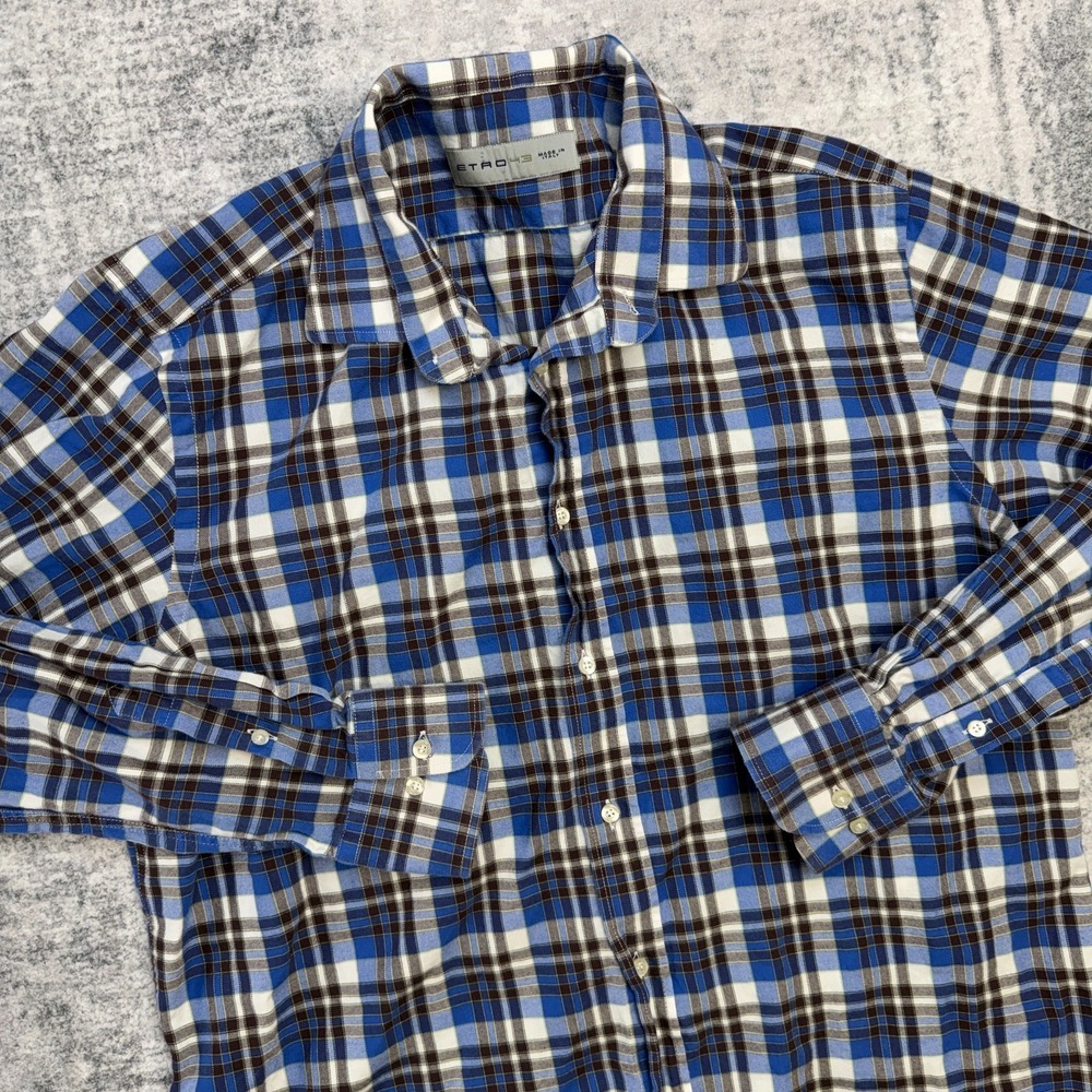 Etro Milano Shirt Mens 43 Blue Plaid Cotton Button Up Sport Collar Made In Italy
